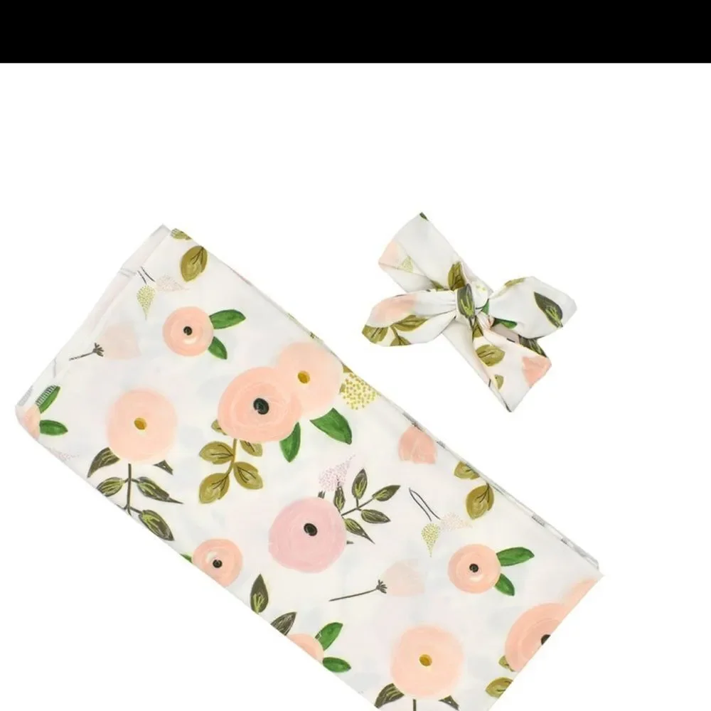 NEW Lightweight Baby Swaddle Receiving Blanket & Headband Set Stretch Jersey